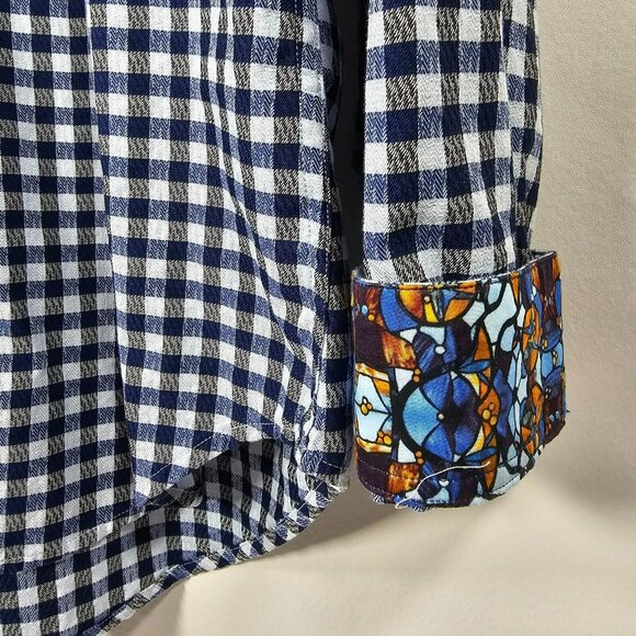 Robert Graham Button Up Shirt Men's Size L Blue Plaid Stained Glass Flip Cuff - Picture 5 of 13